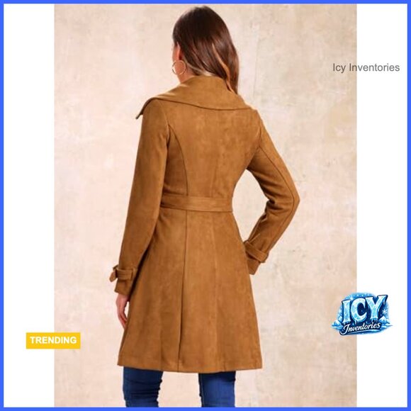 Faux Suede Trench Coat Double Breasted Overcoat Adjustable Tie Waist - Picture 4 of 5